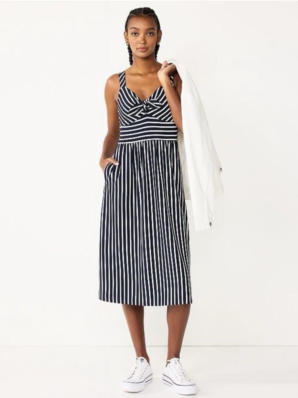 Draper James Navy White Striped Sleeveless Front Knot Pockets Midi Dress Sz XL